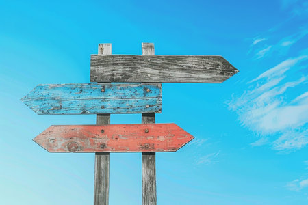 Signposts pointing the direct way to 2025, guiding the journey towards the futureの写真素材