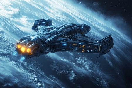 Futuristic spaceship with glowing lights orbiting earth in a dark cosmic space exploration scene