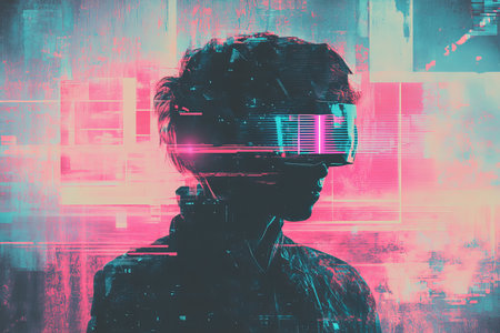 Retro futuristic mixed media collage capturing 80s and 90s cyberpunk aesthetic in grunge styleの写真素材