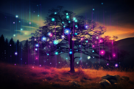 Smartphone with social media icons in digital forest, seamless connectivity conceptの写真素材