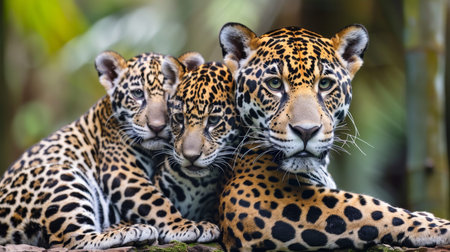 Stunning high definition image of a jaguar mother with two cubs in their natural habitat