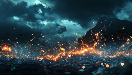Futuristic landscape of electric charges a vibrant virtual space illuminated by digital sparksの写真素材