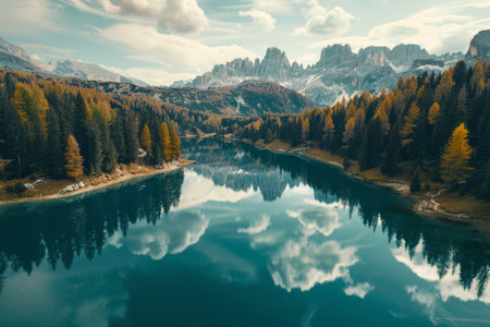 Aerial view of lago antorno and alps peak reflected in lake, italyの写真素材