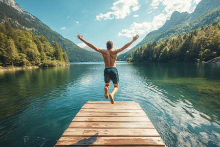 Joyful traveler leaps into lake from jetty on bright sunny day, embracing summer adventure