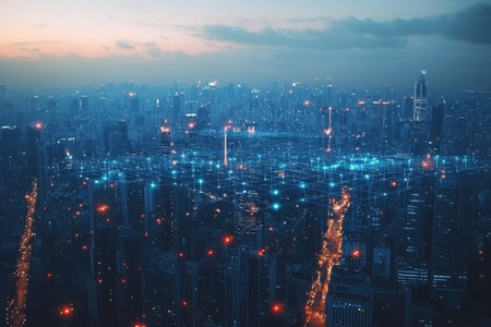 Urban innovation a smart city showcasing advanced technology and wireless connectivity in cityscape