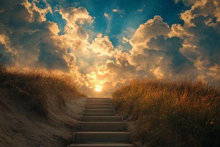 Stairway ascending toward a bright heavenly sky illuminated by radiant light aboveの写真素材