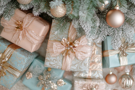 Elegant pastel wrapped gifts with decorative bows underneath a festive christmas treeの写真素材