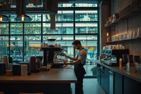 Barista skillfully crafting coffee in an urban stylish caf with ample space for text on the left