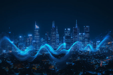 Night city skyline with digital blue wavy wires and antennas, double exposure photographyの写真素材