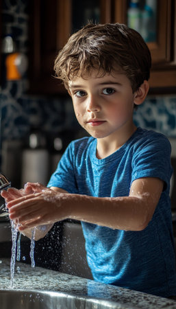 Young boy in blue t shirt cleans his hands at the sink with water, promoting hygiene practicesのeditorial素材