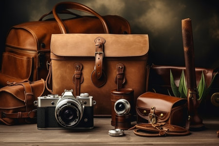 Photographers bag with digital camera and essential accessories for professional photographyの写真素材