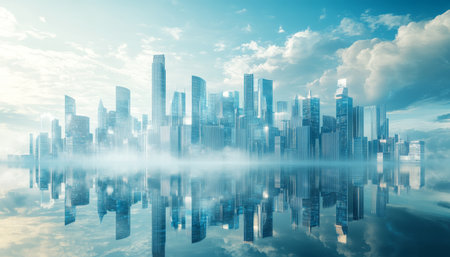 Futuristic eco cityscape a panorama of innovative skyscrapers and towers in a smart city skylineの写真素材
