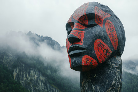 Surreal abstract stone sculpture featuring lifelike face amidst foggy mountainous landscapeの写真素材
