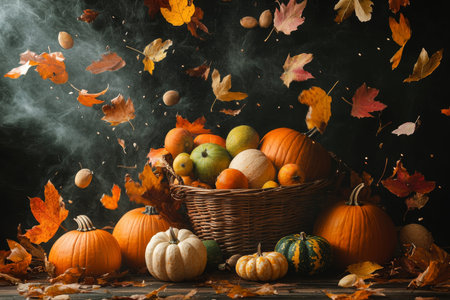 Charming autumn display with pumpkins, seasonal fruits, and colorful falling leaves all around
