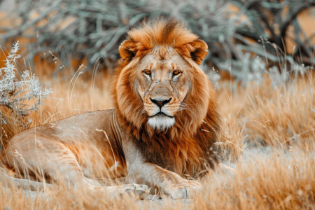Male african lion resting in etosha park, namibia, showcasing stunning wildlife in southern africaの写真素材