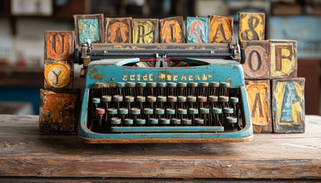 Artistic photography of vintage typewriter with lettering collage on rustic wooden background