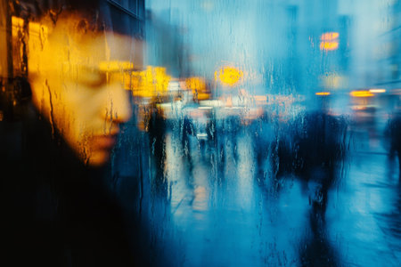 Mysterious urban night blurry double exposure of shadows, reflections, and rainy atmosphere