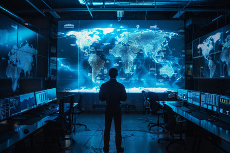 Futuristic cyberpunk office with man, digital displays, and world map on led screen