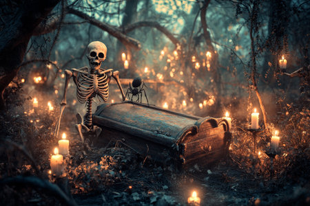 Eerie halloween scene featuring skeleton and spider in spooky forest with wooden coffin and candlesの写真素材