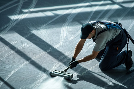 Male janitor cleaning carpet on sunny day in high quality image, professional cleaner in actionの写真素材