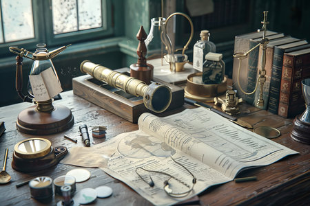 Physician reviewing patient records with diverse medical instrumentsの写真素材