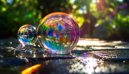 Captivating photography of colorful rainbow spheres in various sizes manifesting all aroundの写真素材
