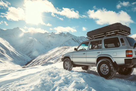 Silver off road vehicle with roof box on snowy mountain under bright sunlight stunning visualsの写真素材