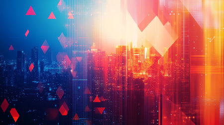 Abstract technology background with blurred cityscape and vibrant geometric shapes for designの写真素材