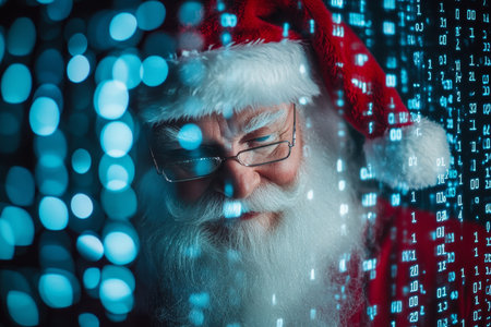 Santa claus embracing technology in a modern digital christmas wonderland adventureの写真素材