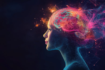 Vibrant human profile illustration showcasing a striking brain and glowing connections of creativity