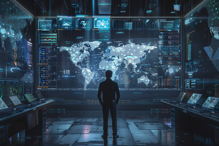 Futuristic cyberpunk scene man in tech room with holographic displays and digital mapsの写真素材