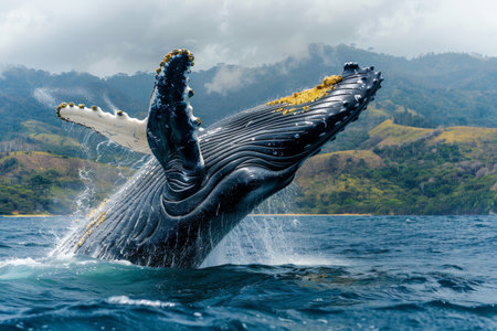 Majestic humpback whale breaching in puerto lopez, ecuador, showcasing megaptera novaeangliaeの写真素材
