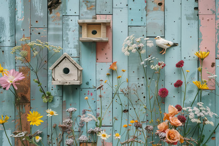 Scandinavian style moodboard muted colors, bird house, flowers, chick, and wildflowers on farm cartの写真素材