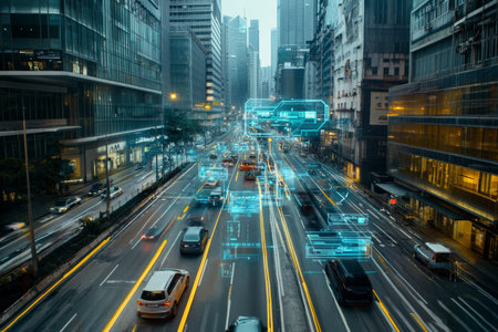 Futuristic city with smart traffic systems and seamless vehicle movement using virtual interfaces.