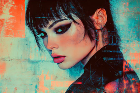 Retro futuristic mixed media collage poster blending 80s cyberpunk and high fashion aesthetics