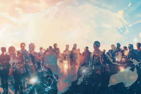 Diverse multinational group showcasing global communication network for marketing and advertising