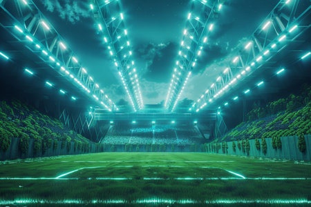 Nighttime soccer stadium ai enhanced image showing illuminated field under dark skyの写真素材