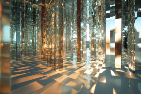 Intriguing reflective surfaces featuring light refractions and geometric patterns in designの写真素材
