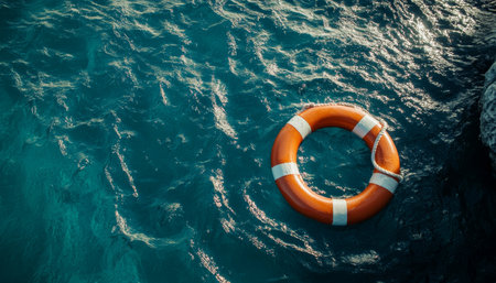 Lifebuoy floating on tranquil sea water, representing safety and assurance for swimmers in dangerの写真素材