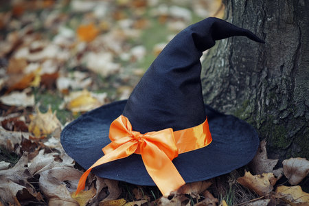 Charming black witch hat with orange ribbon perfect for halloween decor and costume accessoriesの写真素材