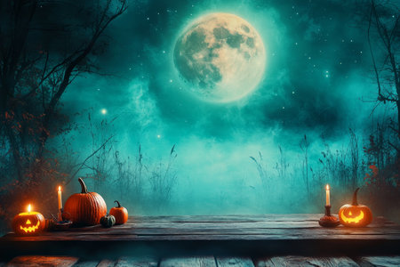 Spooky halloween night full moon, pumpkins, and candles in a creepy forest settingの写真素材