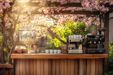 Charming outdoor cafe terrace with cherry blossoms and vintage coffee setup in spring sunshine