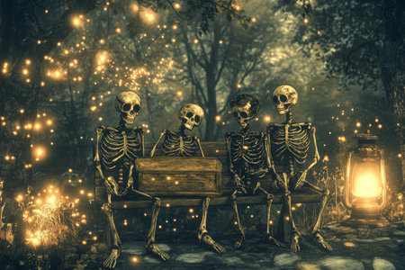 Spooky cartoon skeleton family in dark forest carrying coffin with lanterns and spider webs