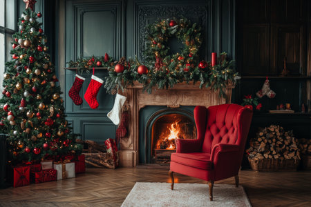 Warm and inviting christmas scene featuring a red armchair, fireplace, garland, and festive treeの写真素材