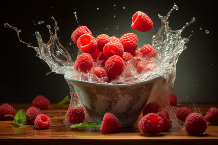 Perfect capture of a ripe raspberry delicately falling into a bowl, seize the momentの写真素材