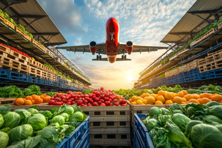 Airplane landing over fresh produce crates a visual representation of global food logisticsの写真素材