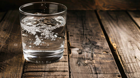 Water glass on wooden table with selective focus, elegant lighting effects, and ample copy spaceの写真素材
