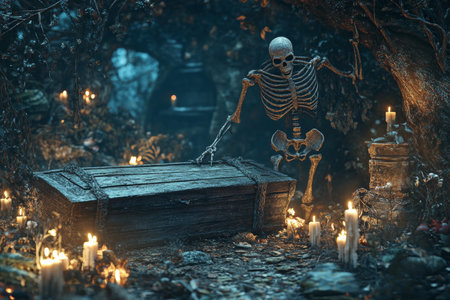 Spooky halloween scene featuring a skeleton and spider in a haunted forest with a coffinの写真素材