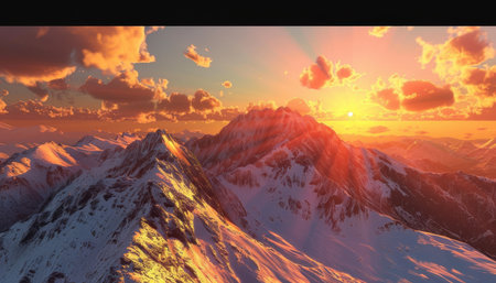 High definition image of sunset mountains on a sunny day, capturing the beauty of the sceneryの写真素材