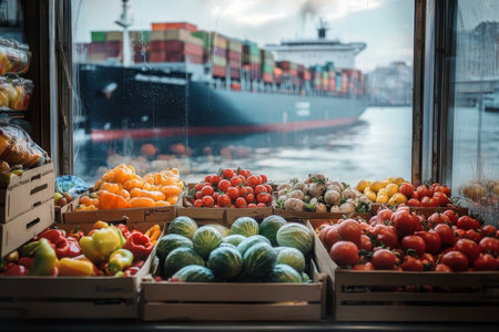 Vibrant display of fruits and vegetables in boxes with cargo ships and abstract compositionの写真素材